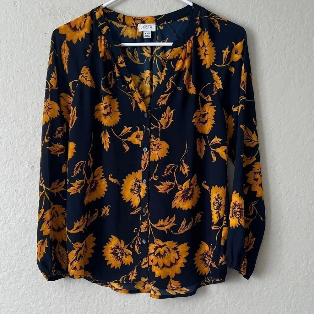 Like New! J. Crew Sunflower Button-Up Blouse Dark Blue and Yellow in XXS